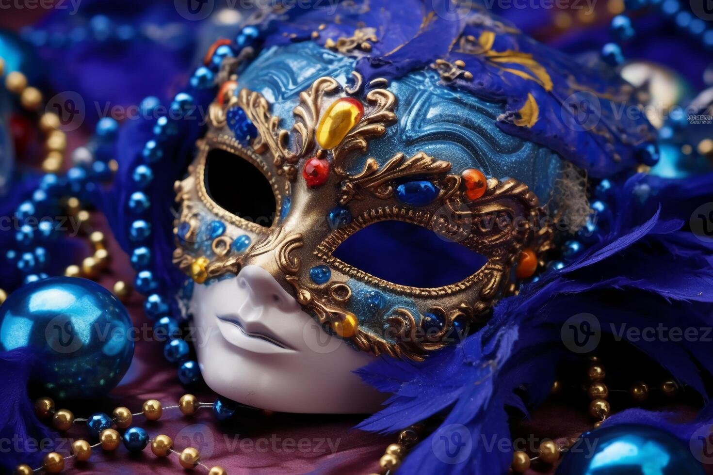 venezianisch Karneval Maske und Perlen Dekoration. Karneval gras Hintergrund. ai generativ foto