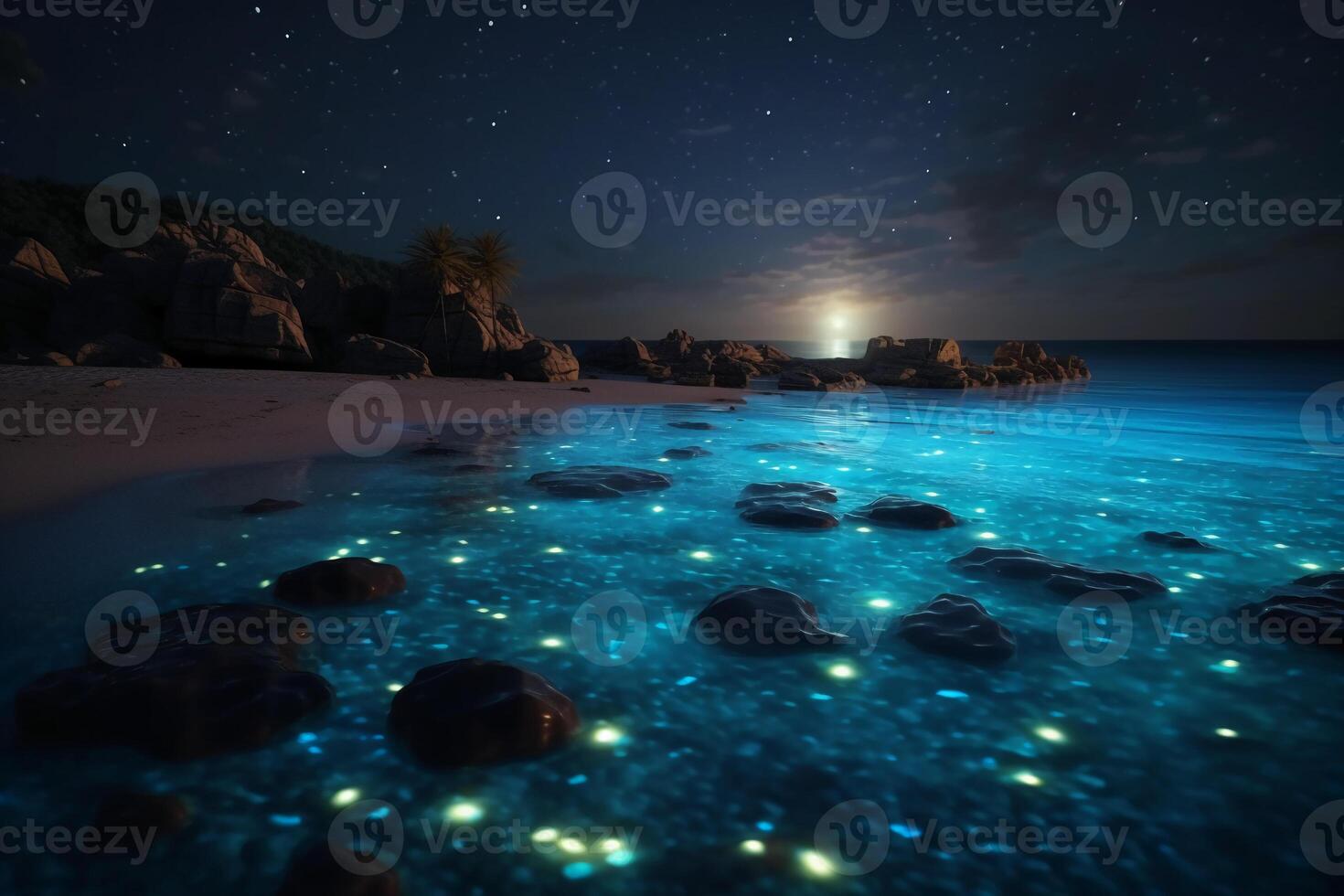 Ozean Ufer beim Nacht, das Wasser ist voll von Dinoflagellaten, glühend mit Millionen hell Blau Neon- glühen im das dunkel winzig Punkte. ai generativ foto