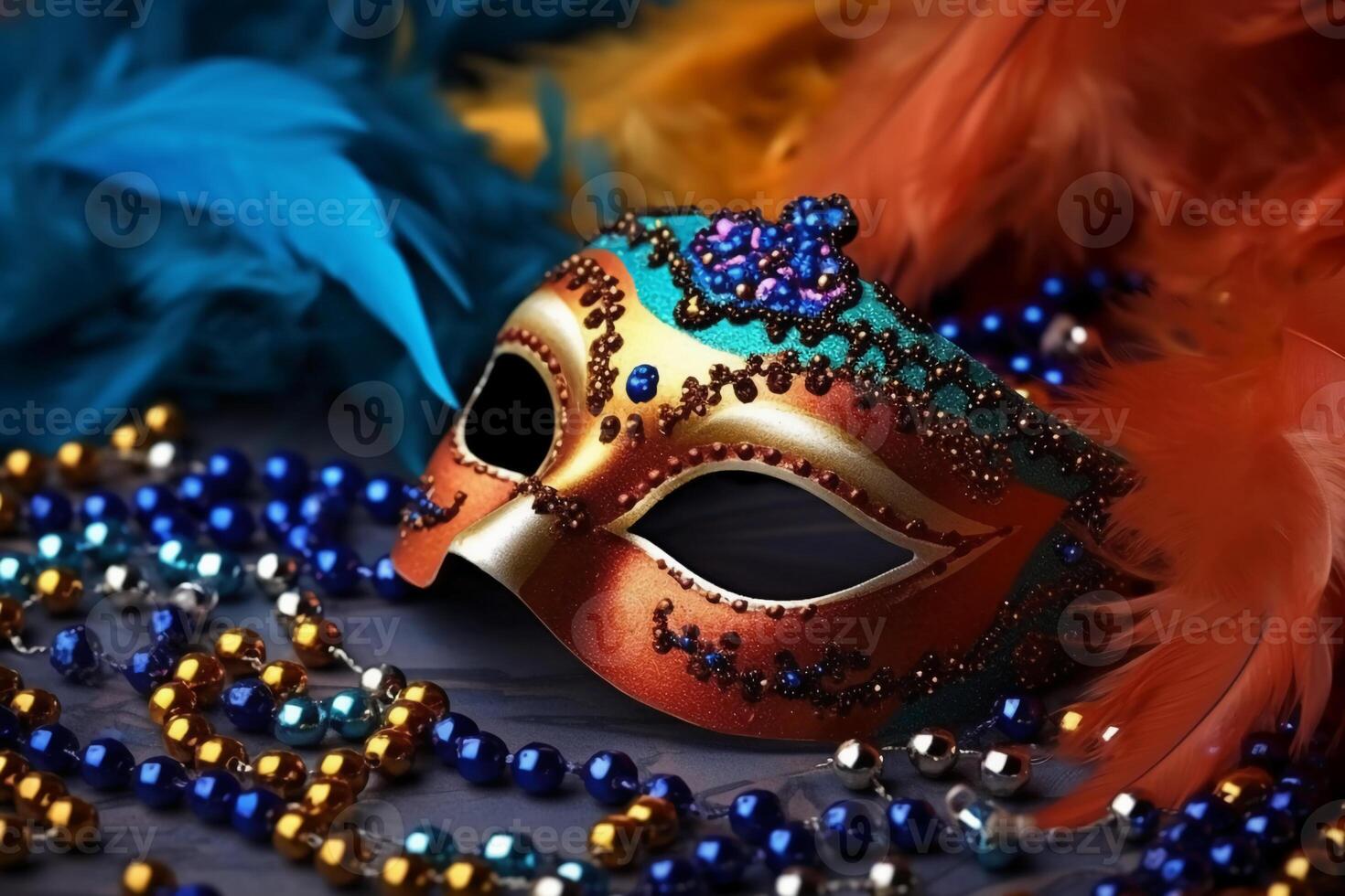 venezianisch Karneval Maske und Perlen Dekoration. Karneval gras Hintergrund. ai generativ foto