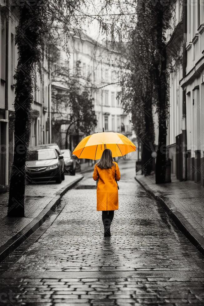 Gelb Regenschirm im Hand von Frau Gehen auf ein farblos Straße. ai generativ foto