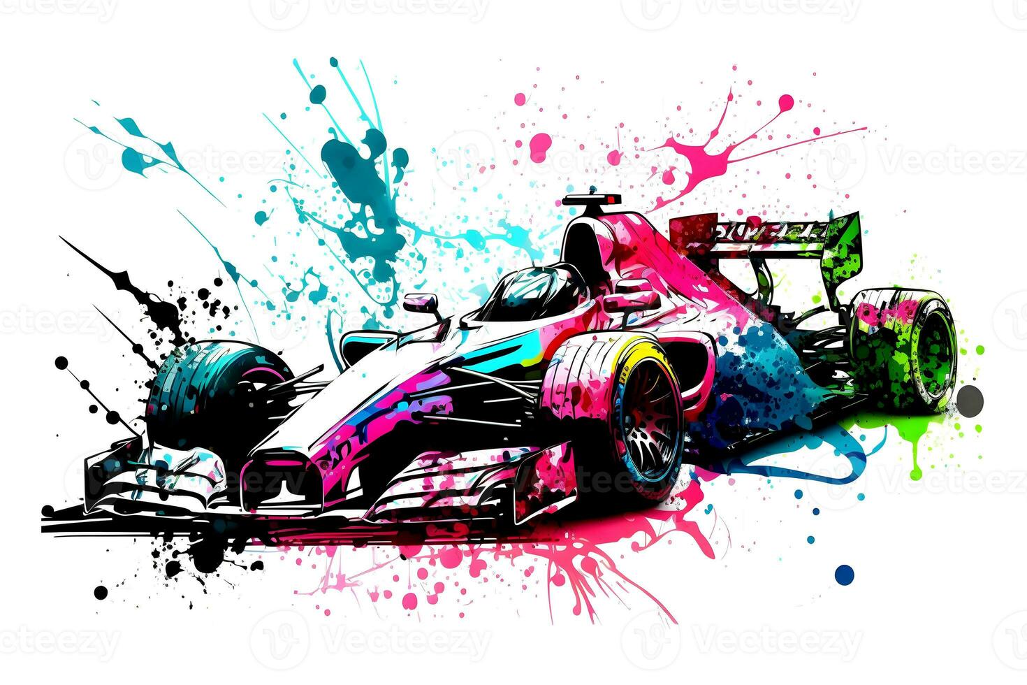 Formel einer Rennen rot Auto auf Aquarell Regenbogen Spritzen, isoliert auf Weiß. neural Netzwerk generiert Kunst foto