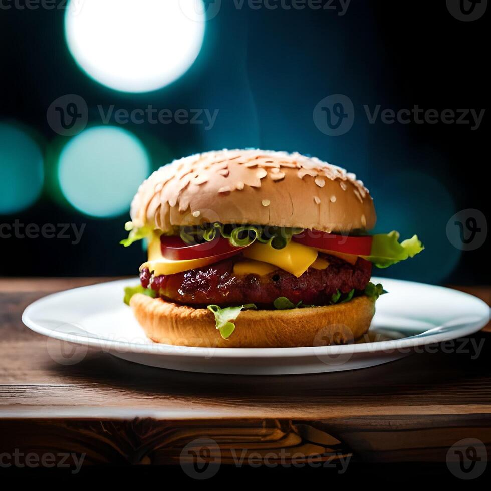 saftig Burger mit Fritten und trinken auf ein Tabelle Neu Lager Bild Qualität Essen Illustration Desktop Tapete.ai generativ foto