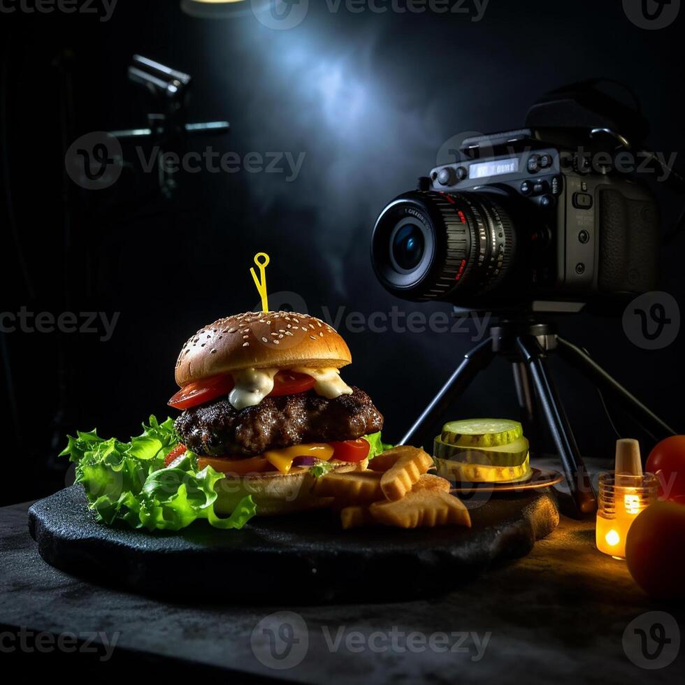 köstlich Hamburger mit Fritten und Getränke auf das Tabelle auf das Cafe Hintergrund Produkt Fotografie mit Nikon. schnell Essen Konzept. ai generativ foto