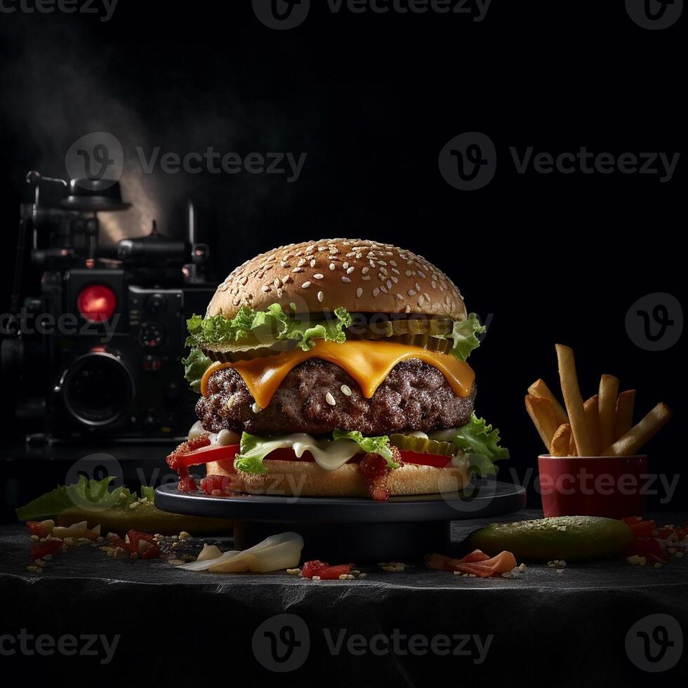 köstlich Hamburger mit Fritten und Getränke auf das Tabelle auf das Cafe Hintergrund Produkt Fotografie mit Nikon. schnell Essen Konzept. ai generativ foto