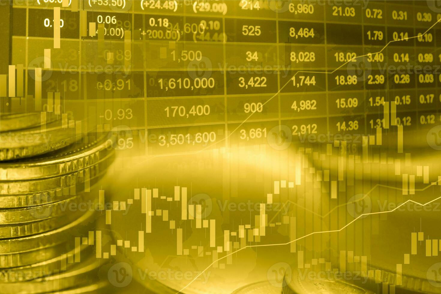 Börseninvestitionshandel mit Finanz-, Münz- und Diagrammdiagrammen oder Forex zur Analyse des Hintergrunds von Geschäftstrenddaten zur Gewinnfinanzierung. foto