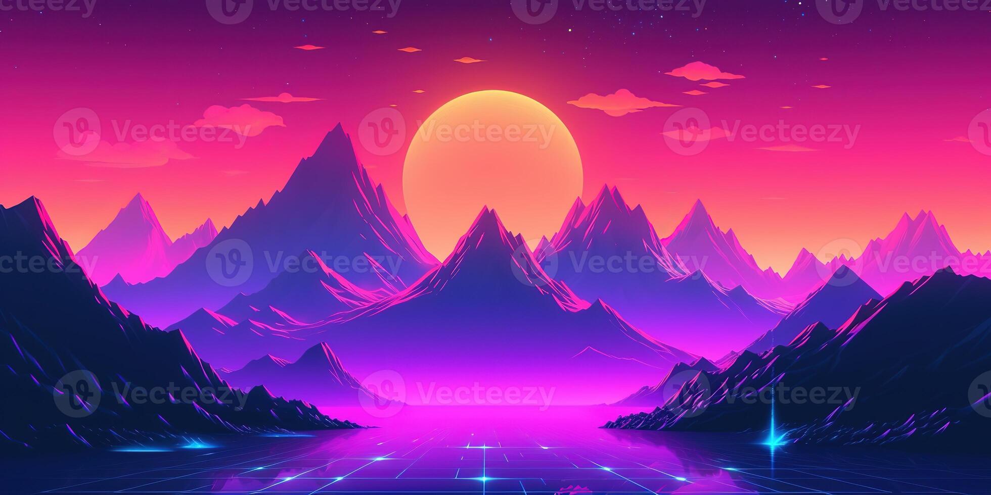 ästhetisch Berg Synthwave Retrowave Hintergrund mit ein cool und beschwingt Neon- Design, ai generiert foto