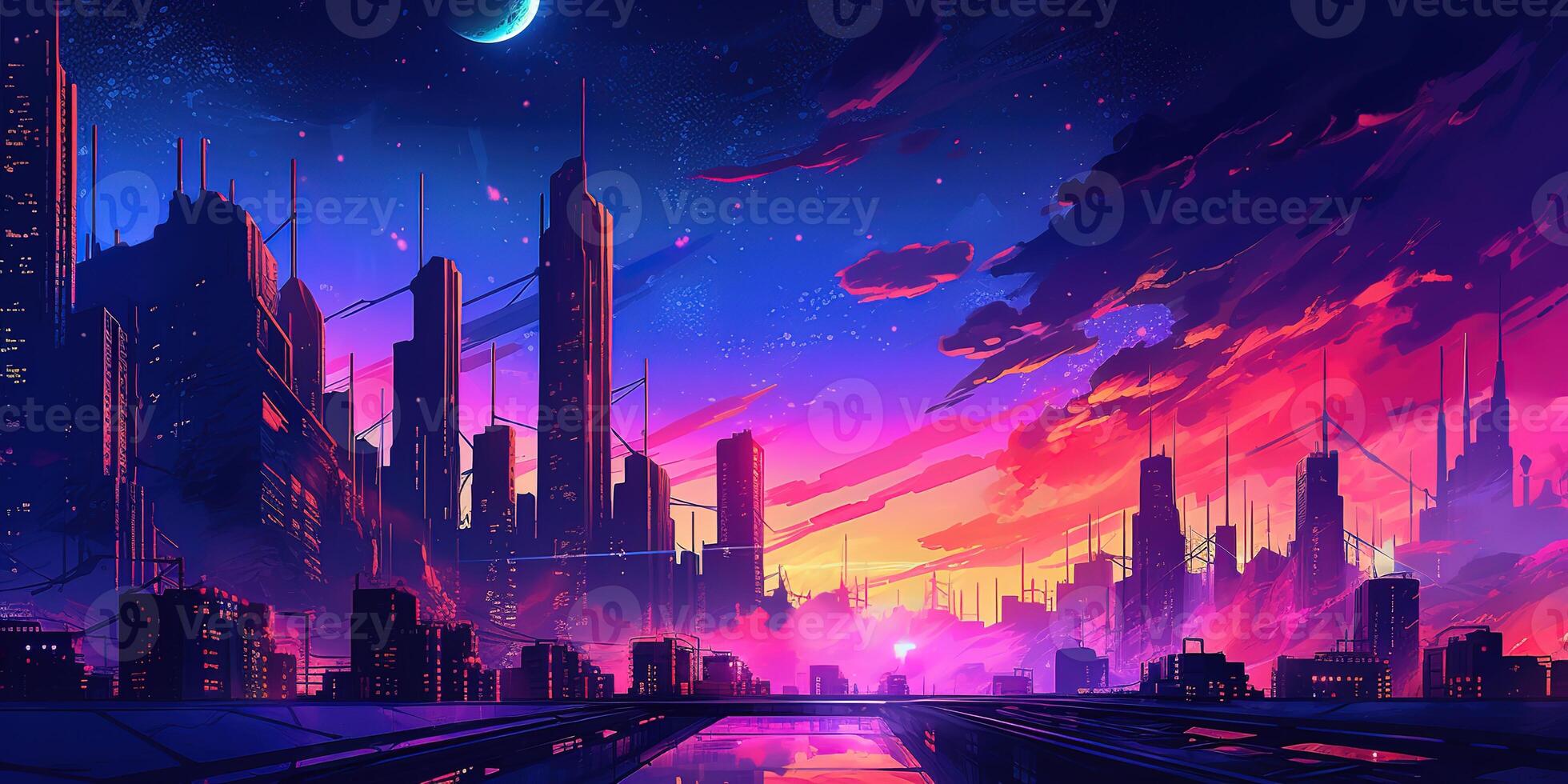 ästhetisch Stadt Synthwave Hintergrund mit ein cool und beschwingt Neon- Design, ai generiert foto