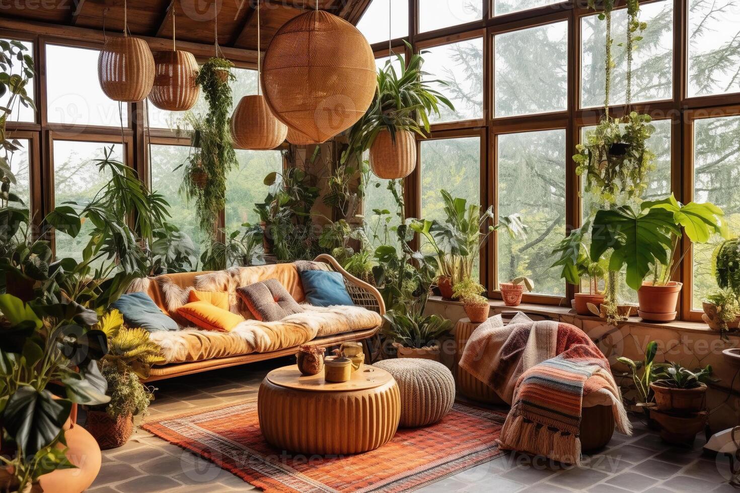 stilvoll Leben Zimmer Innere Design im Boho Stil , groß Fenster, natürlich Tag Licht. generativ ai foto