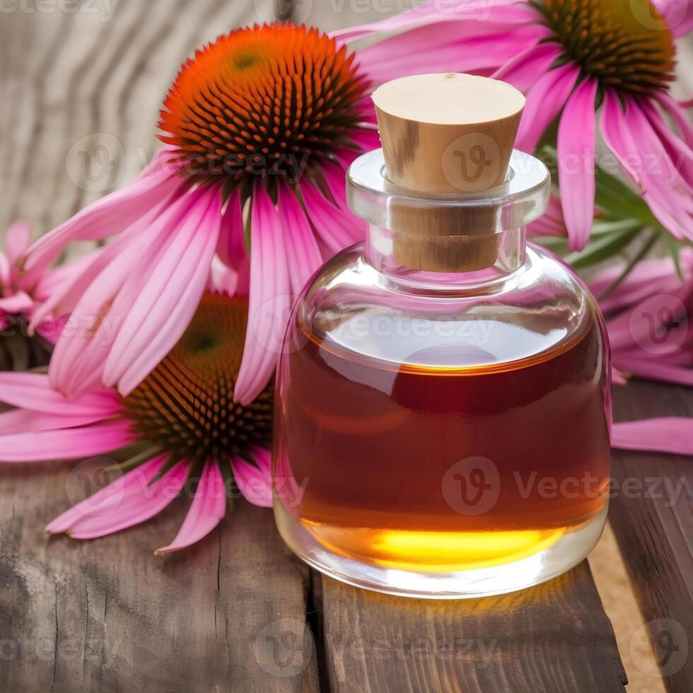 Echinacea Öl und Echinacea Blumen auf ein hölzern Tafel. ai generativ foto