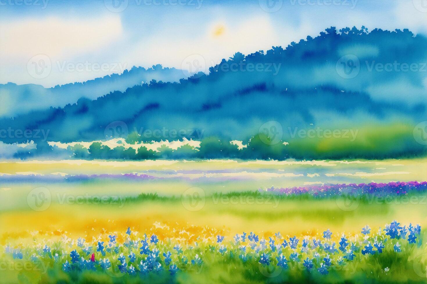 still Sommer- Landschaft. ein Aquarell Gemälde von Park, See, Feld und Fluss. generativ ai foto