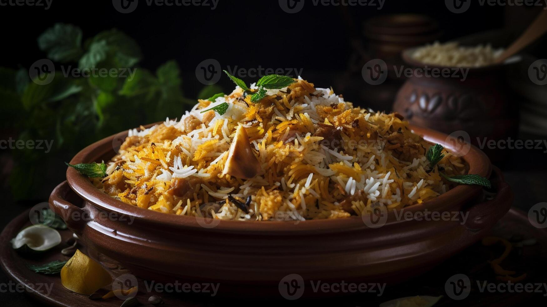 Biryani im Schüssel, desi indisch Essen Biryani Reis im Schüssel, generativ ai foto