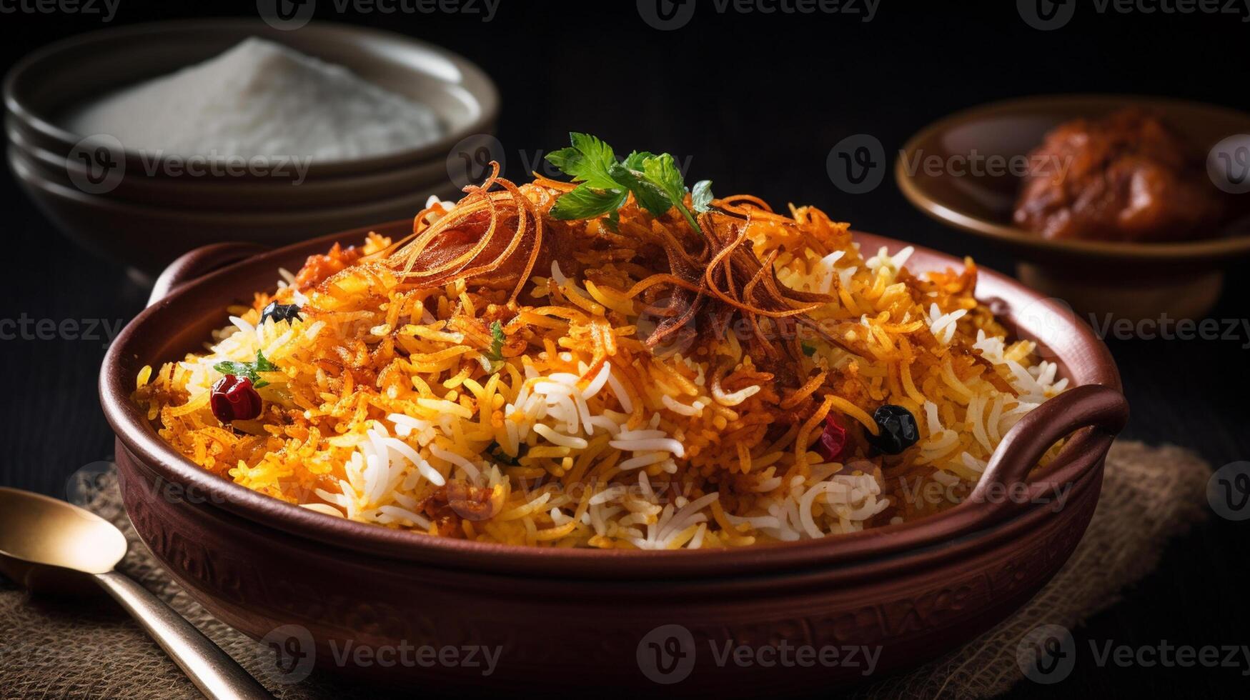 Biryani im Schüssel, desi indisch Essen Biryani Reis im Schüssel, generativ ai foto