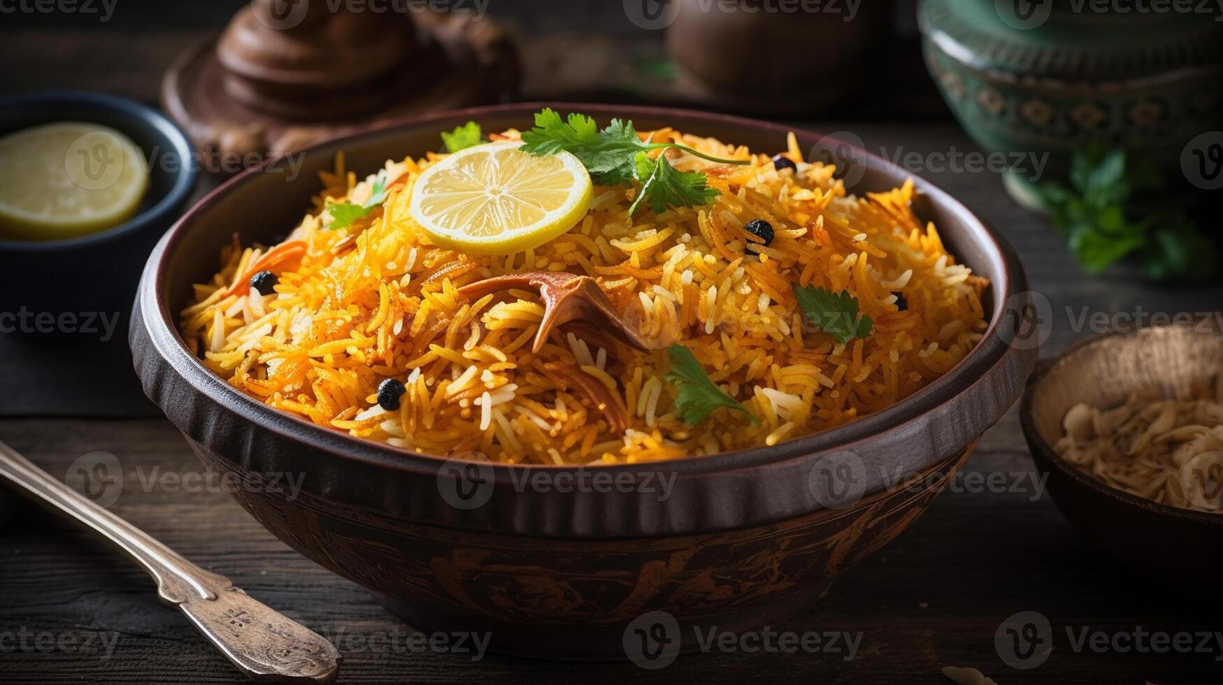 Biryani Reis im Schüssel, desi Essen indisch Biryani im Schüssel, generativ ai foto