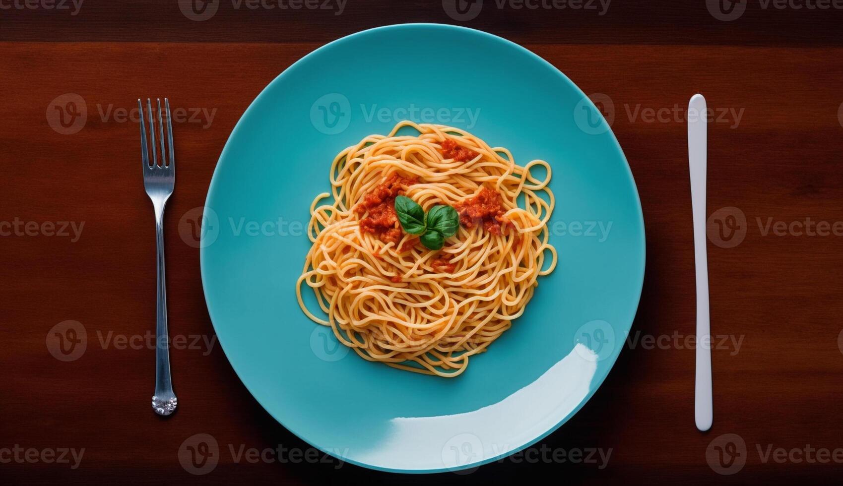 oben Aussicht von Spaghetti Pasta mit Tomate Soße und Basilikum auf hölzern Tabelle Hintergrund, generativ ai foto