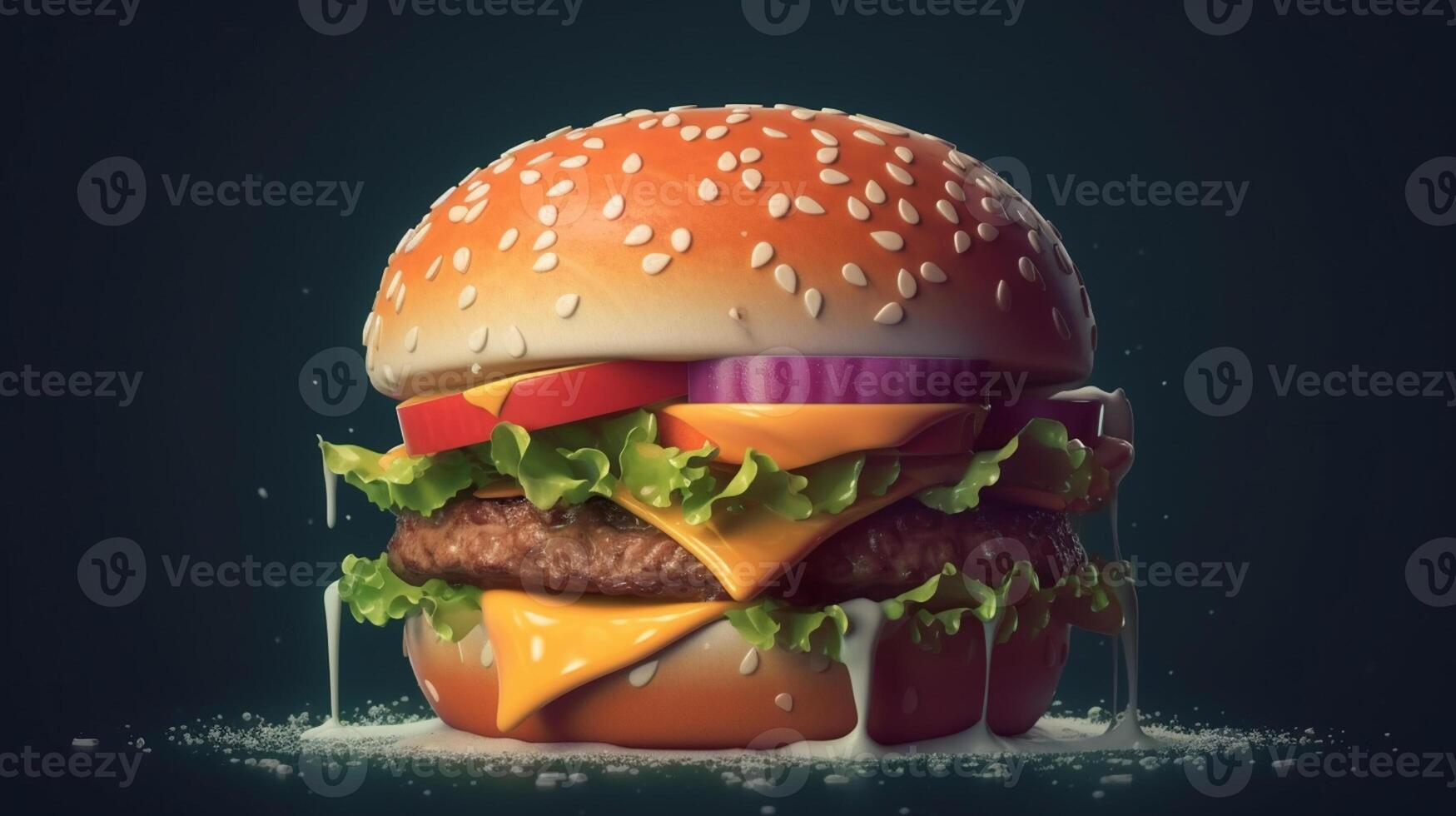 Nahansicht Aussicht von Hamburger mit Käse und Gemüse auf dunkel Hintergrund, generativ ai foto