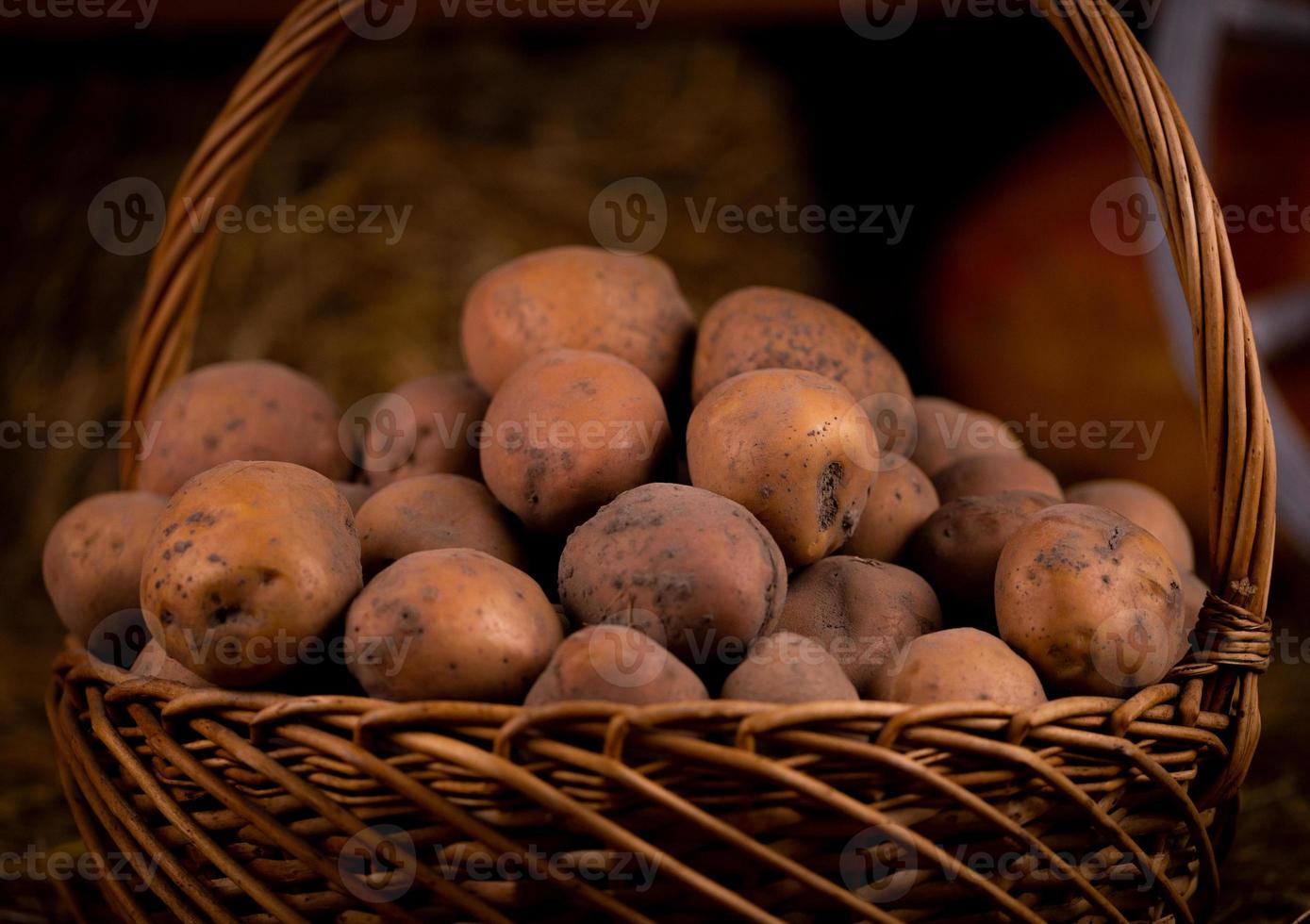 Kartoffel in einem Weidenholzkorb auf Heu foto