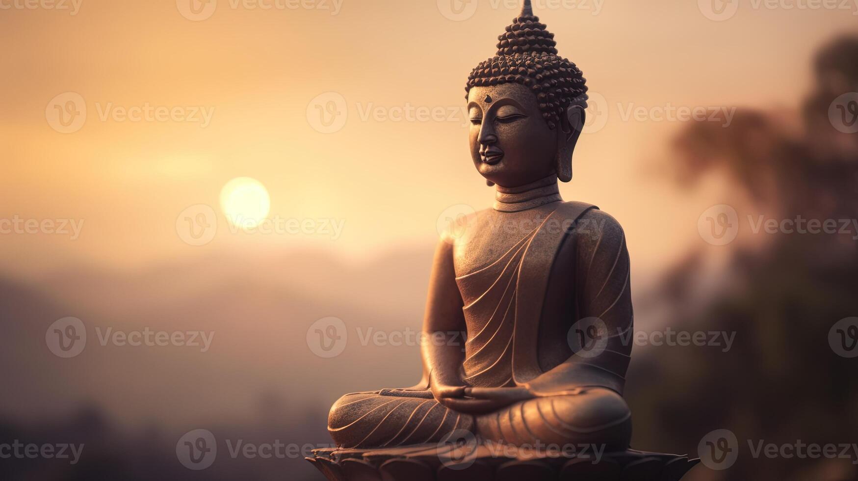 Buddha Statue auf Sonnenuntergang hintergrund.ai generativ foto