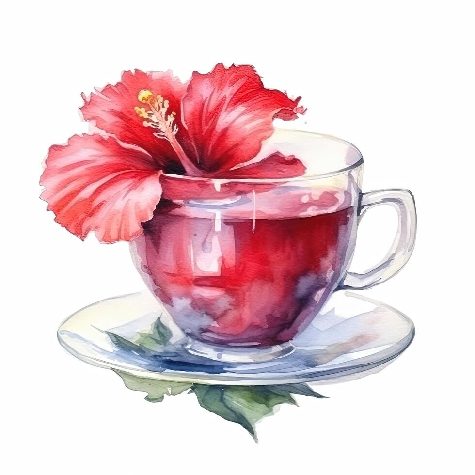Aquarell Tee mit Hibiskus Blume. Illustration ai generativ foto
