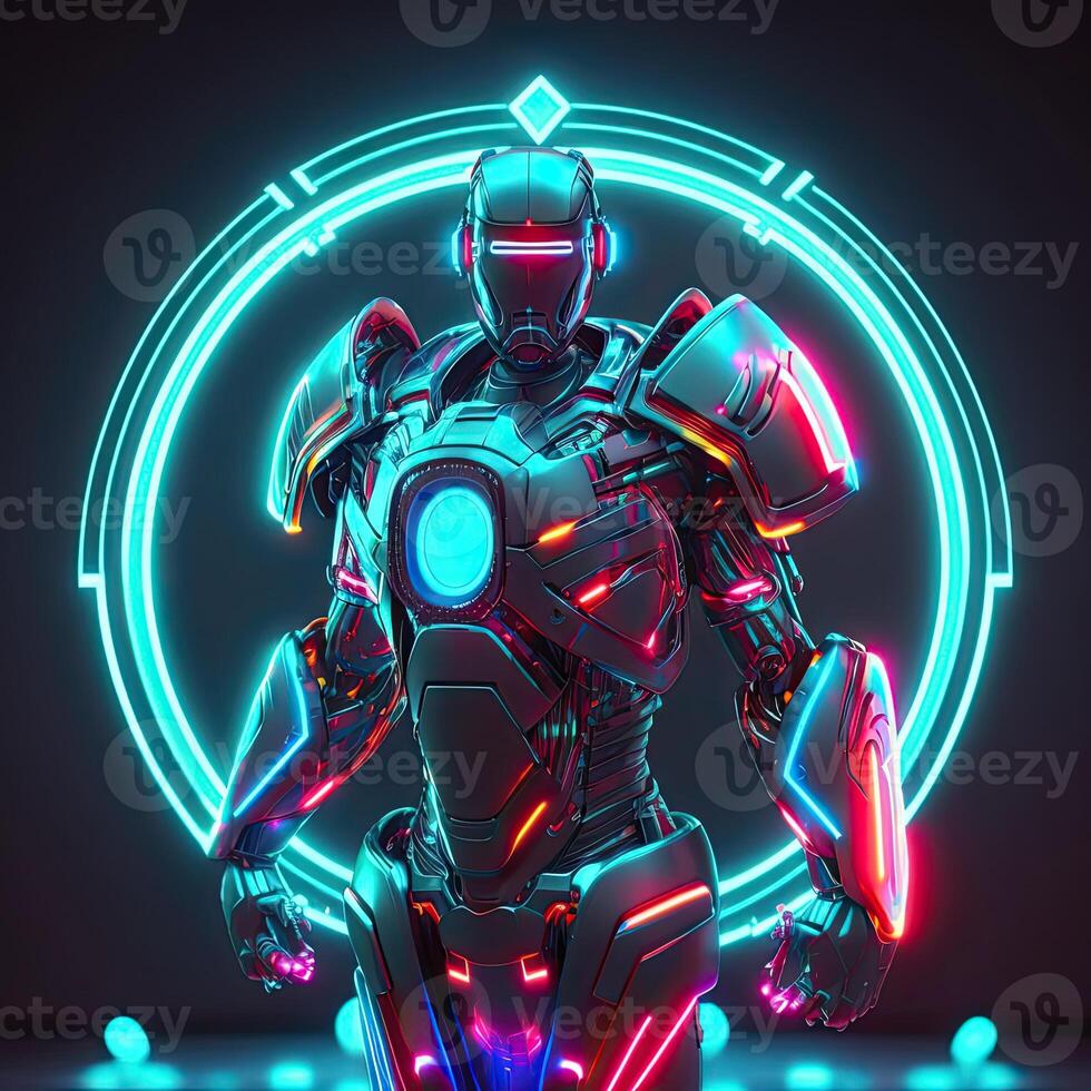 Cyborg Roboter und futuristisch Neon- glühend, Kreis gestalten auf Hintergrund. generativ ai. foto