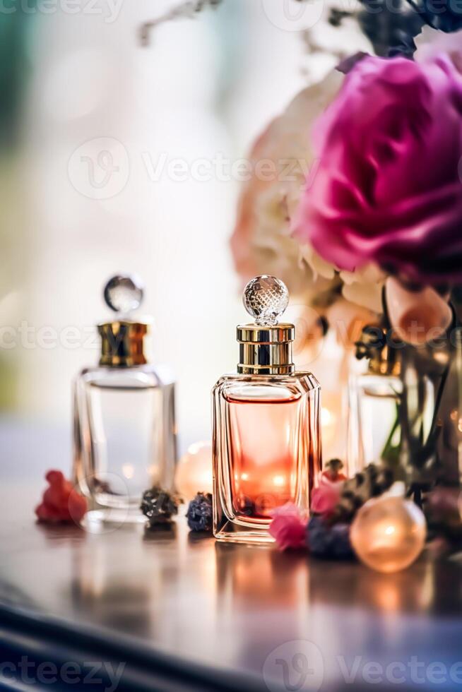 Luxus Parfüm Flaschen auf Anzeige beim ein Präsentation, Frauen Duft Duft Neu exklusiv Sammlung, nachbearbeitet, generativ ai foto