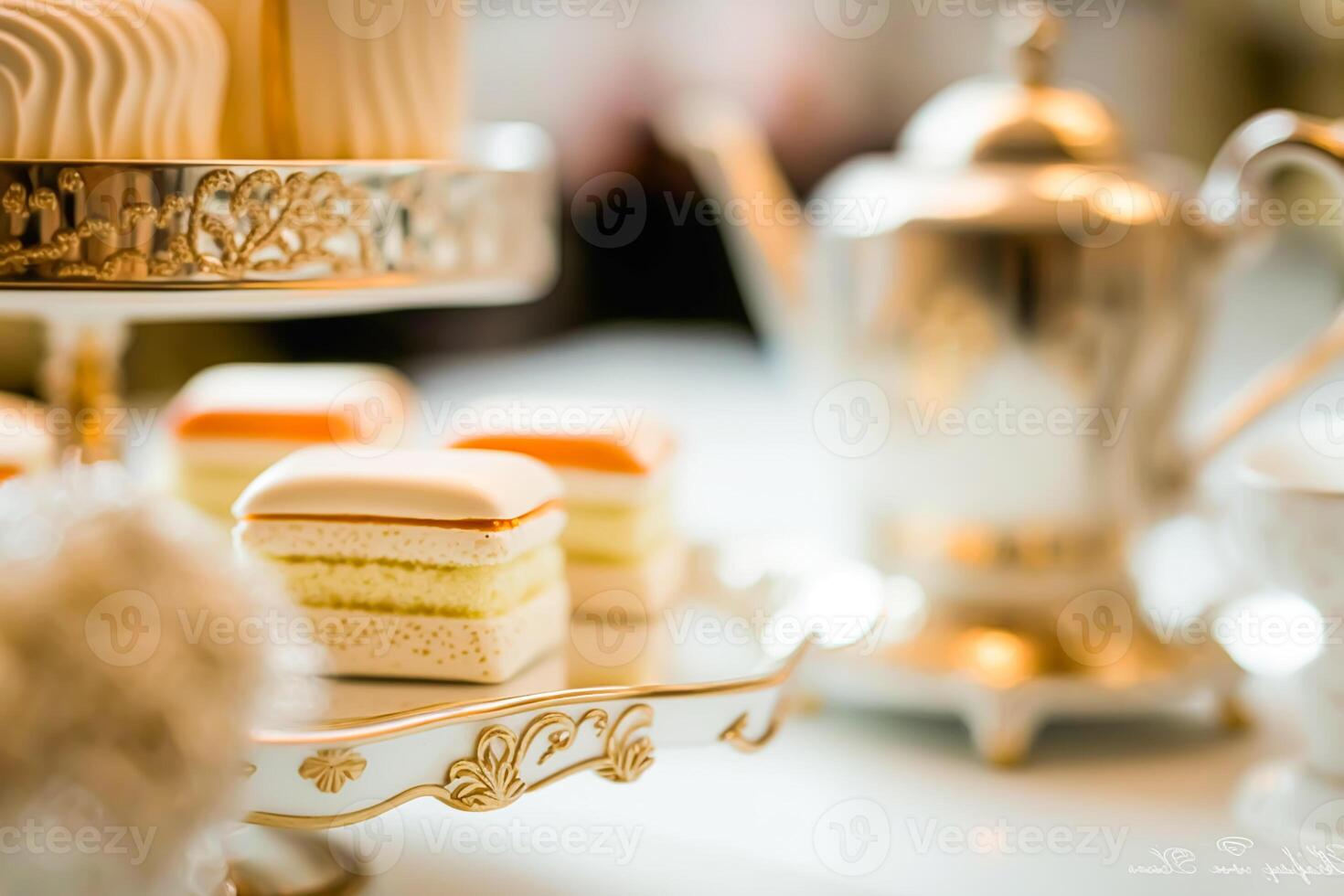 traditionell Englisch 5 Uhr Tee mit Snacks und gebacken Waren, generativ ai foto