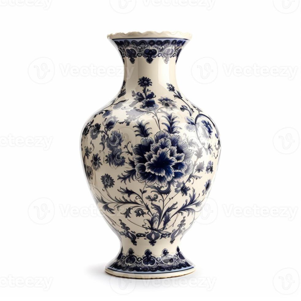 Antiquität Jahrgang Keramik Vase mit Blumen- drucken isoliert auf Weiß Hintergrund, Land Stil Zuhause Dekor und Innere Design, generativ ai foto