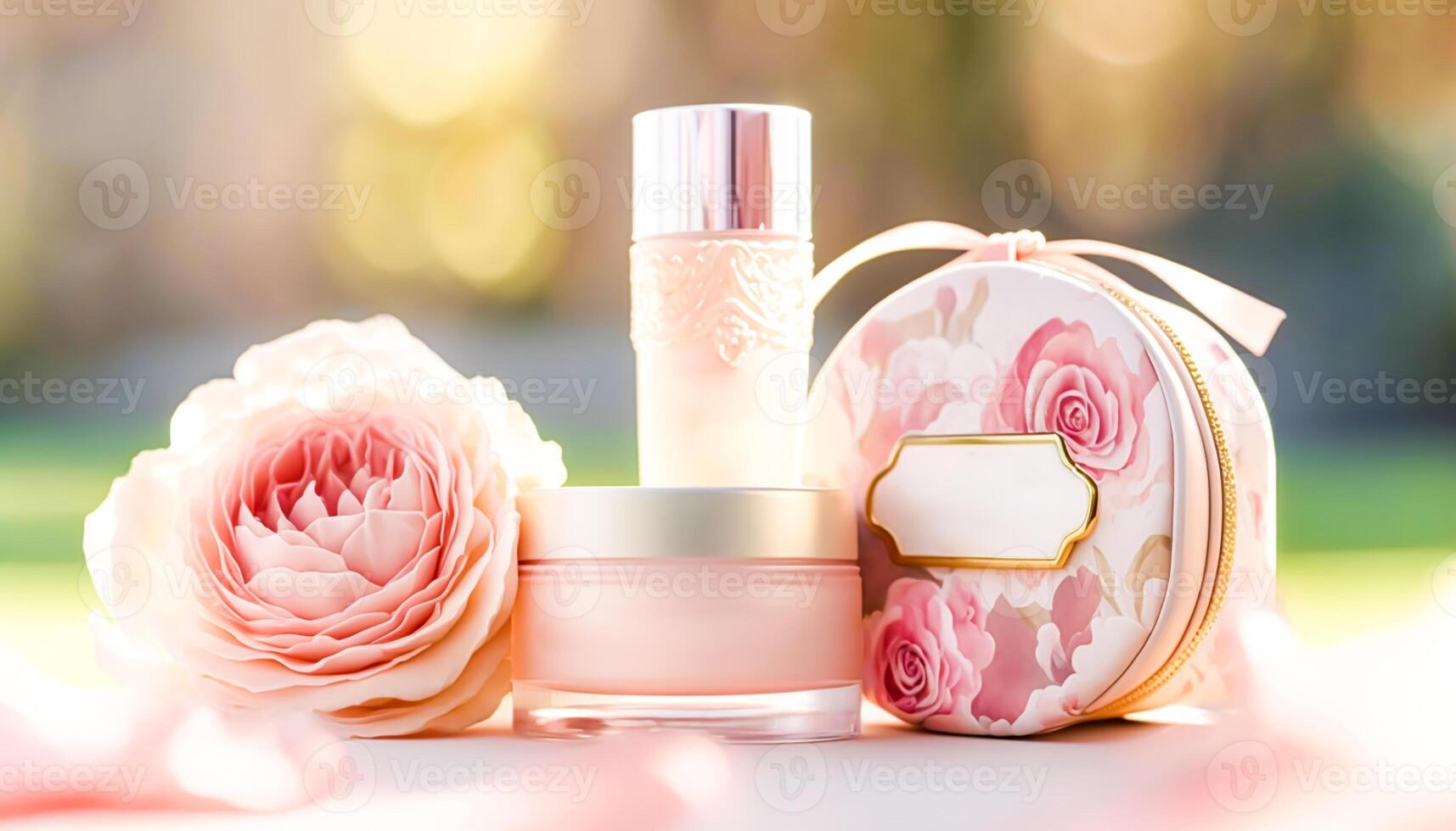 schön Rosa Blumen- Schönheit Box Kosmetika Satz, Produkt Verpackung zum Attrappe, Lehrmodell, Simulation. generativ ai foto