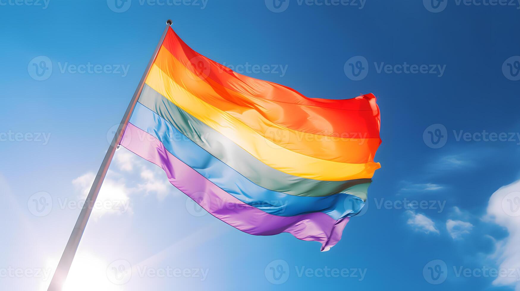 Regenbogen Flagge, Symbol zum das lgbt Gemeinschaft, winken im Blau Himmel erstellt mit generativ ai Technologie foto