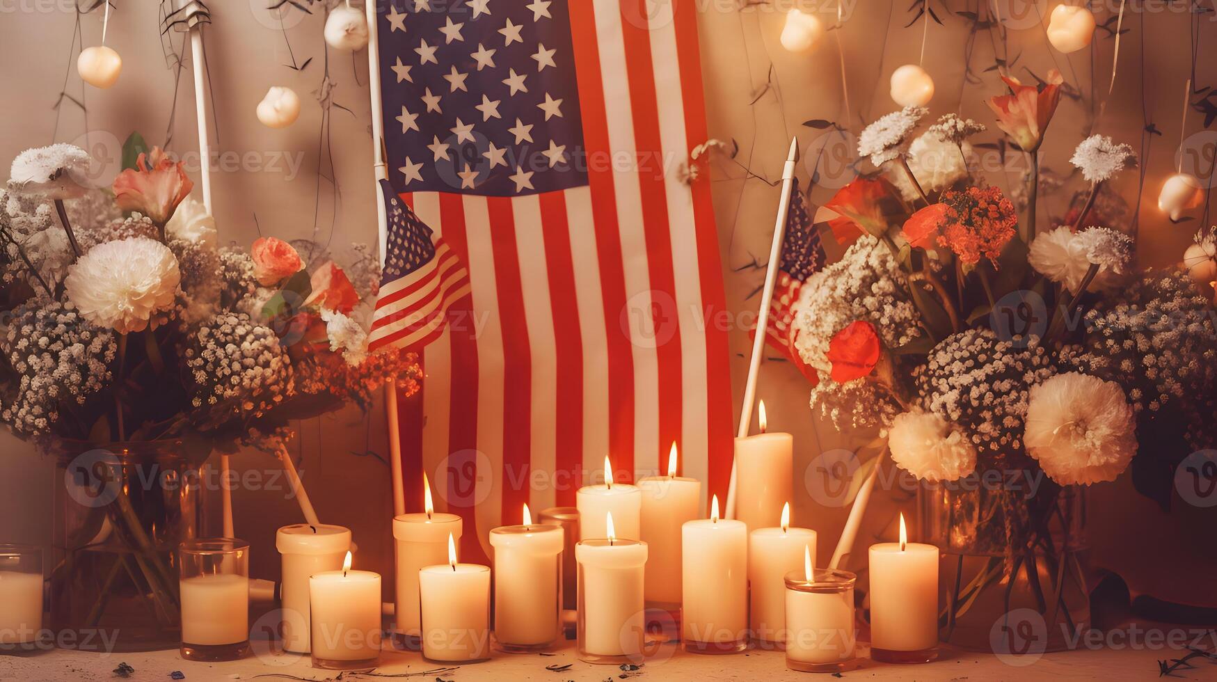 Verbrennung Kerze, USA Flagge und Blume zum National Tag von Gebet und Erinnerung, erstellt mit generativ ai Technologie foto
