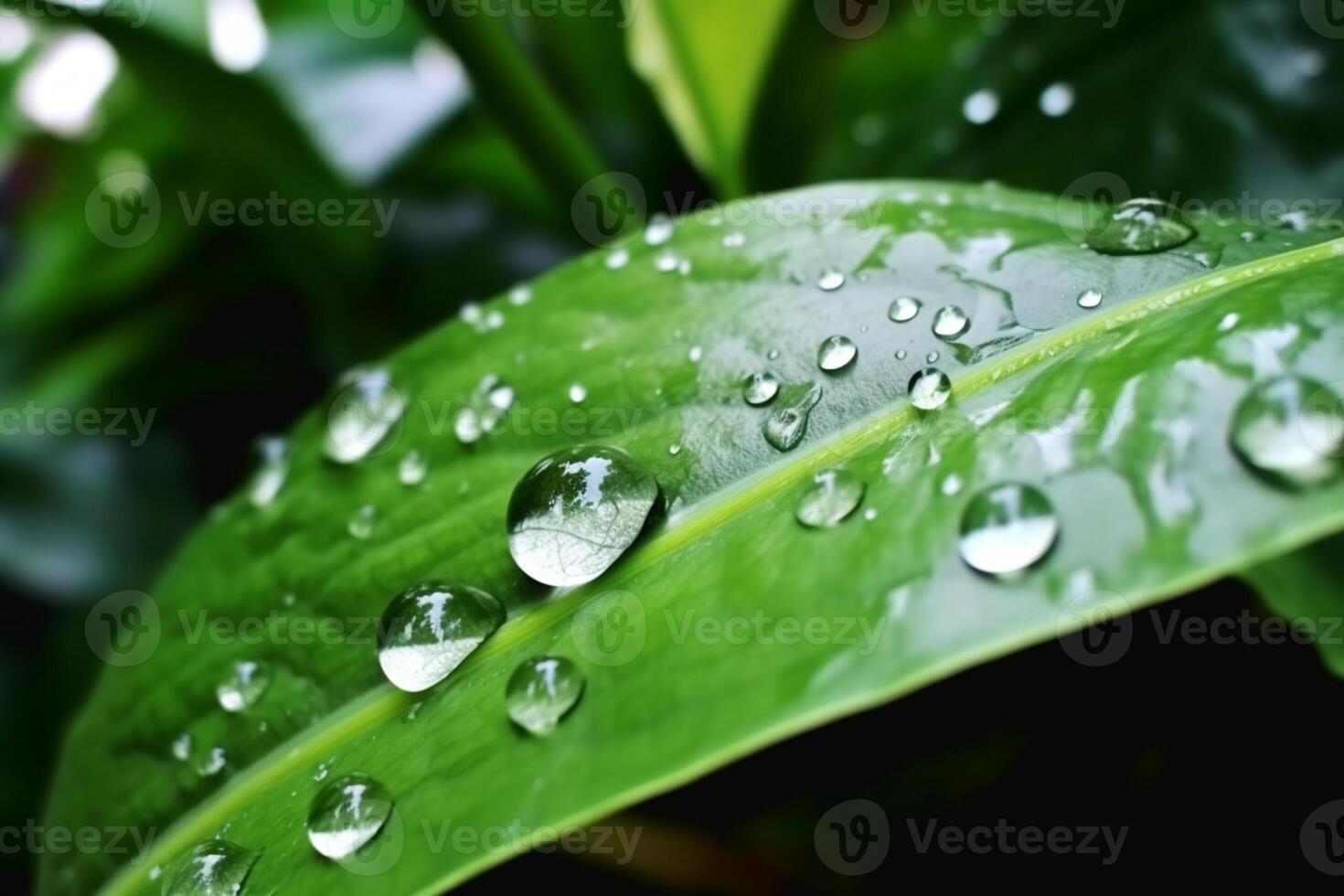 Wasser mit groß Tropfen spiegelt es ist Umfeld. Regentropfen auf ein  Pflanze Blatt im Natur Fotos von Frühling. Hintergrund mit Bokeh im  Schatten von Türkis und Grün , ai generiert. 24048303 Stock-Photo