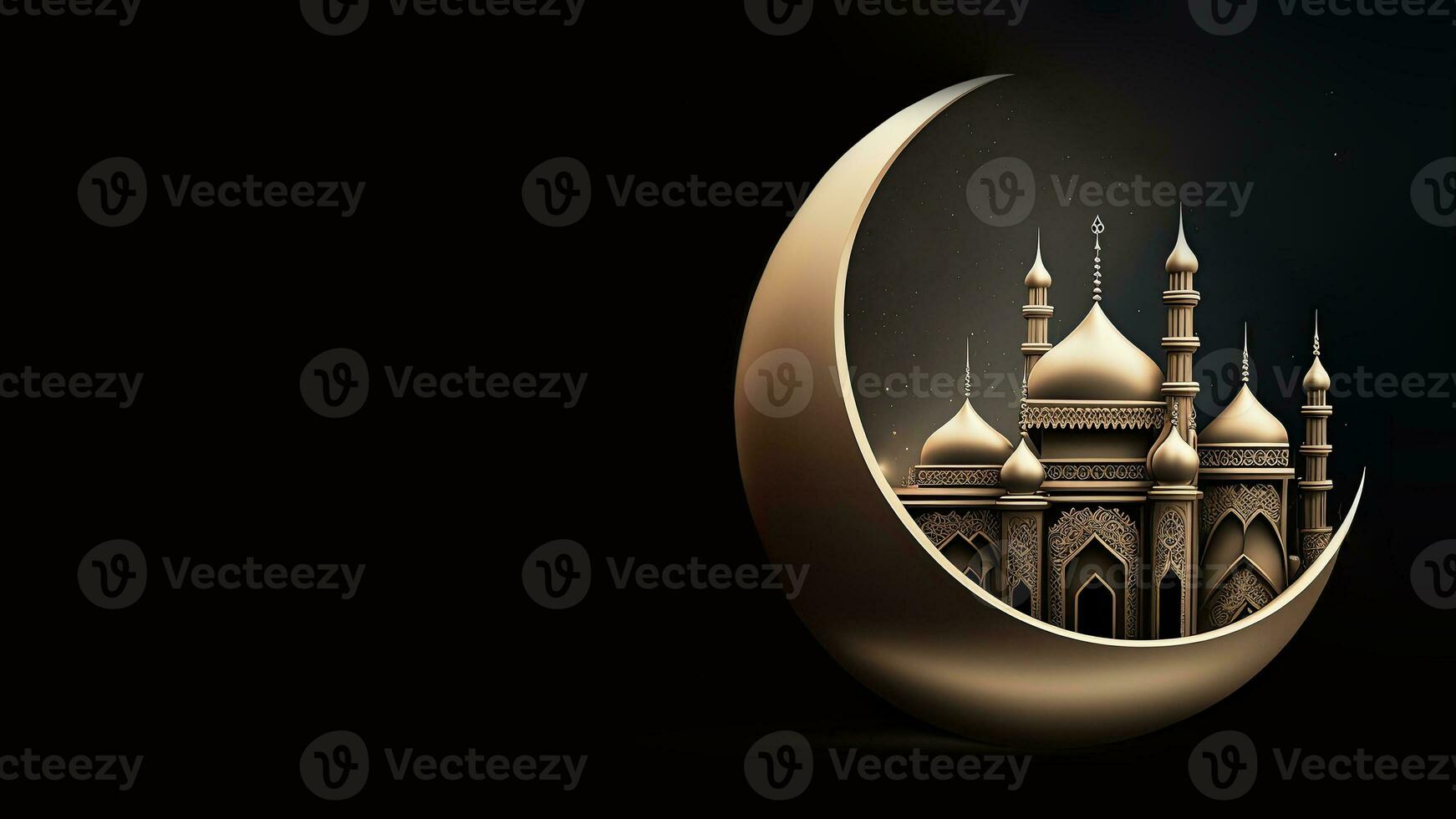 3d machen von glänzend Halbmond Mond mit schön geschnitzt Moschee auf Nacht Hintergrund. islamisch religiös Konzept. foto
