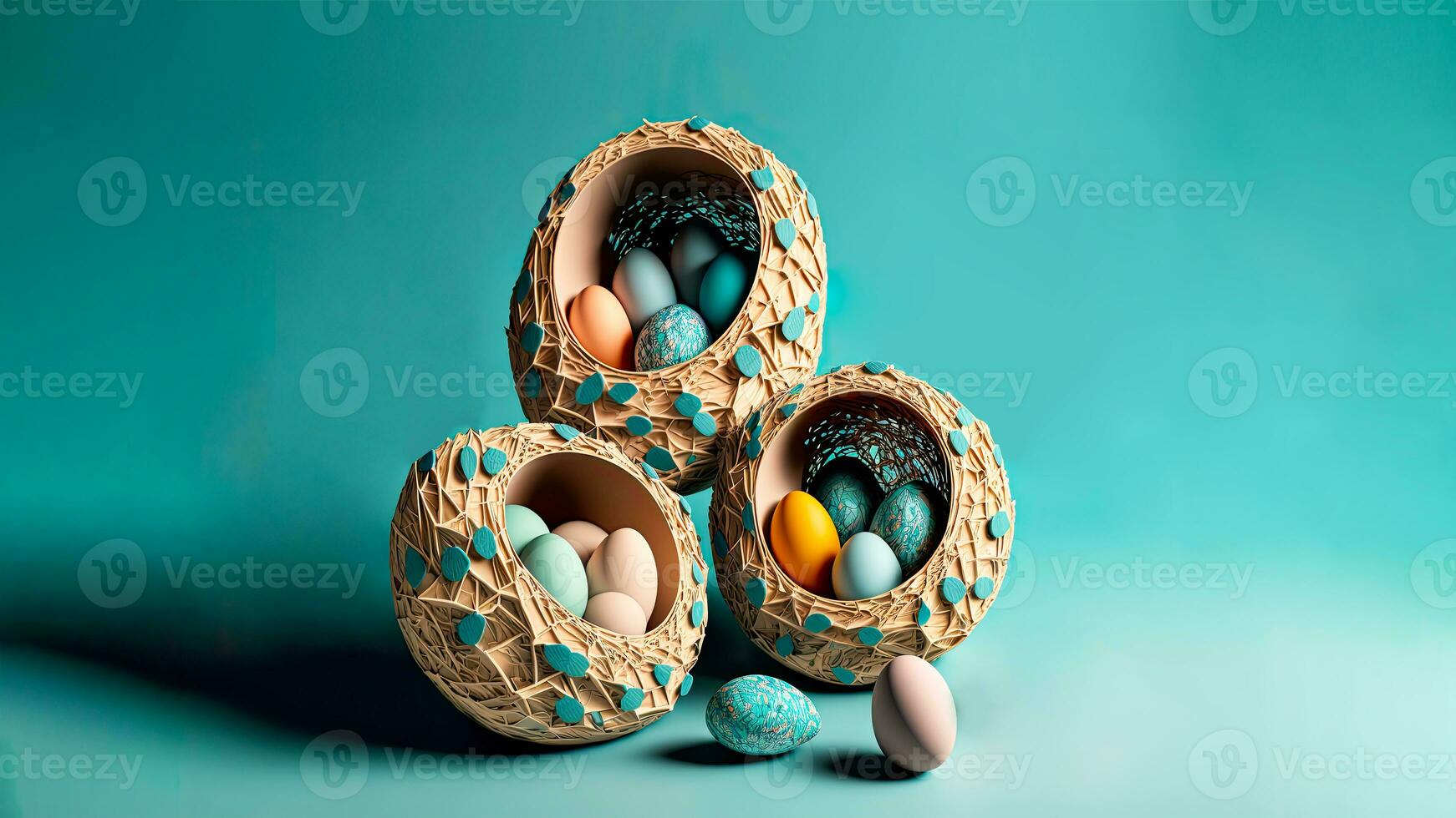 Papier Mache drei Ostern Ei Stroh Nest auf Türkis Hintergrund und Kopieren Raum zum Ostern Tag Konzept. 3d machen. foto