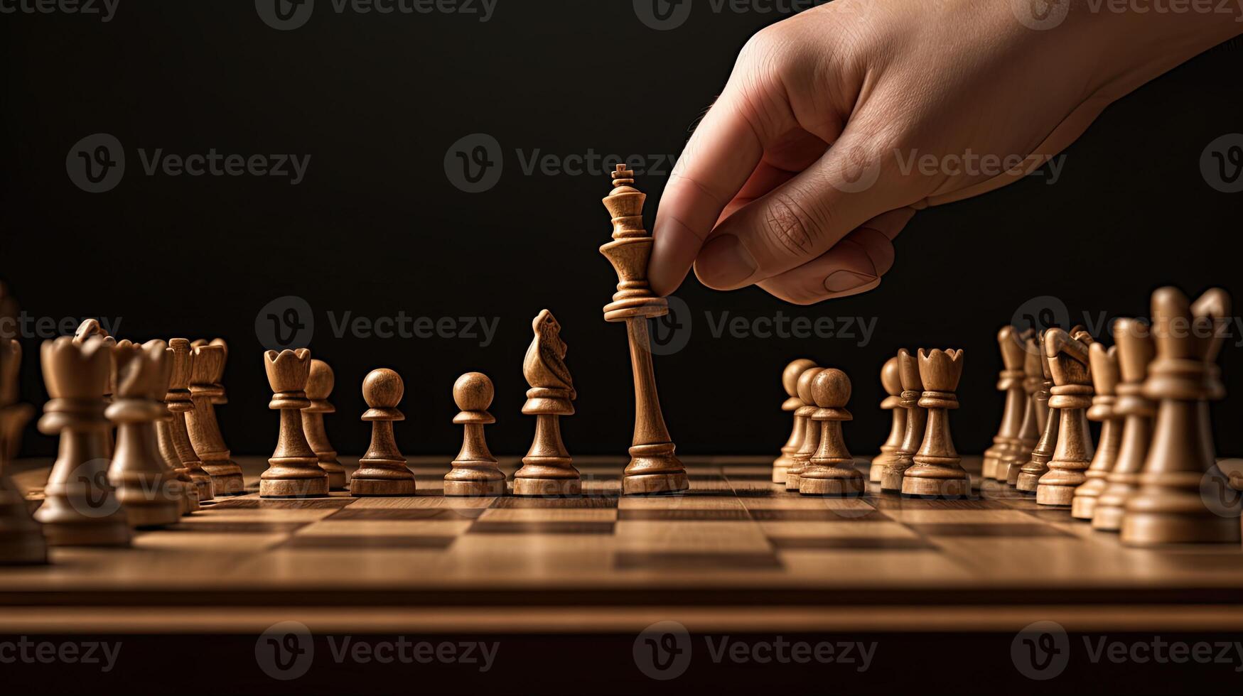 Nahansicht Hand von Mensch nehmen Nächster Schritt auf Schach Spiel. Strategie, Verwaltung oder Führung Konzept. generativ ai Technologie. foto
