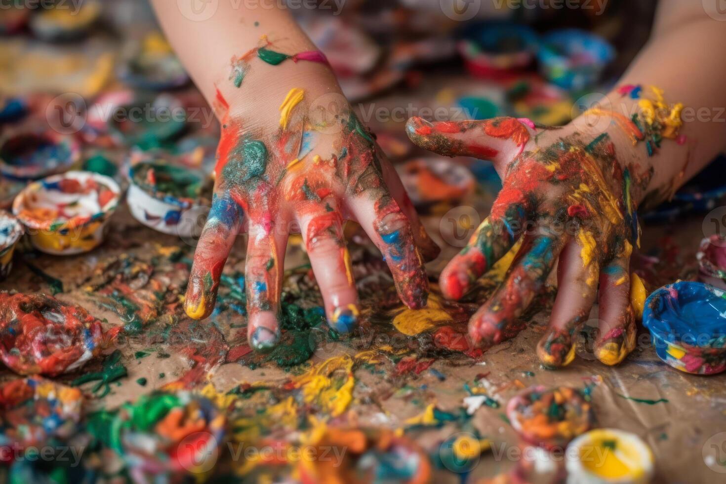 Kind schmutzig Hände im bunt Farbe generativ ai foto