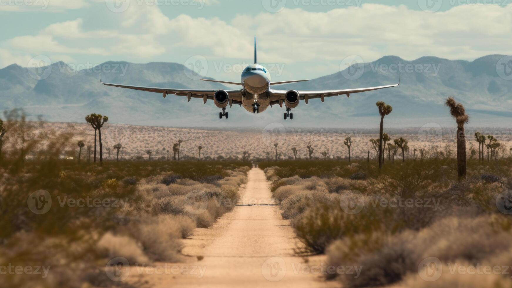 das Flugzeug landet fliegend Über ein verlassen Straße generativ ai foto