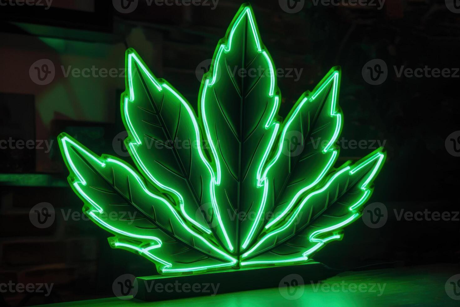 Grün Neon- Cannabis Blatt Logo generativ ai foto