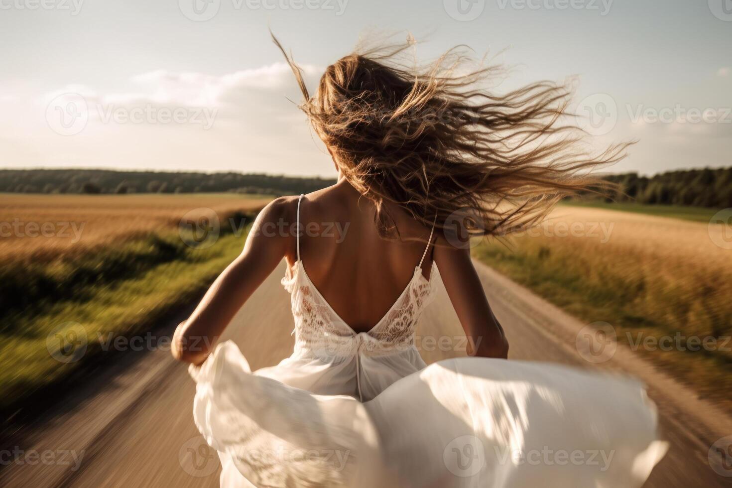 Frau Braut im Hochzeit Kleid Lauf Weg im Straße von Hochzeit generativ ai foto