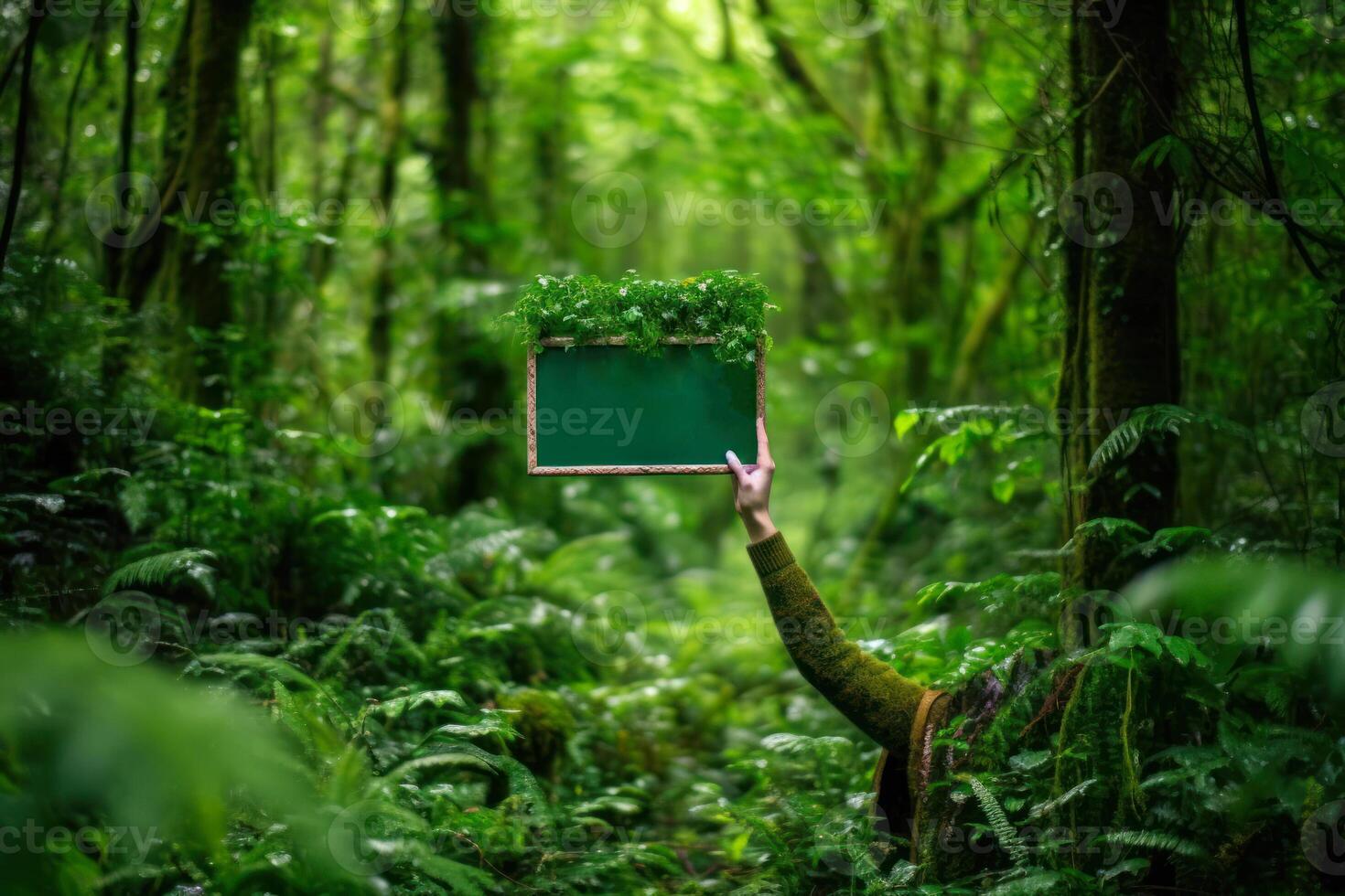 Hände halten ein Grün Zeichen im das Dschungel, Wald Attrappe, Lehrmodell, Simulation generativ ai foto