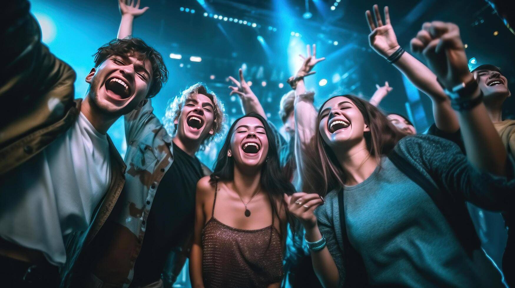 glücklich jung Menschen im Nacht Verein. Illustration ai generativ foto