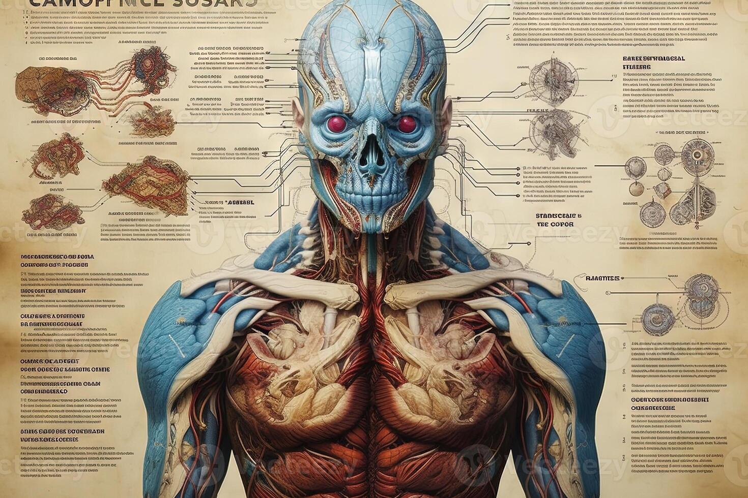 Mensch Chamäleon Cyborg Tier detailliert Infografik, voll Einzelheiten Anatomie Poster Diagramm Illustration generativ ai foto