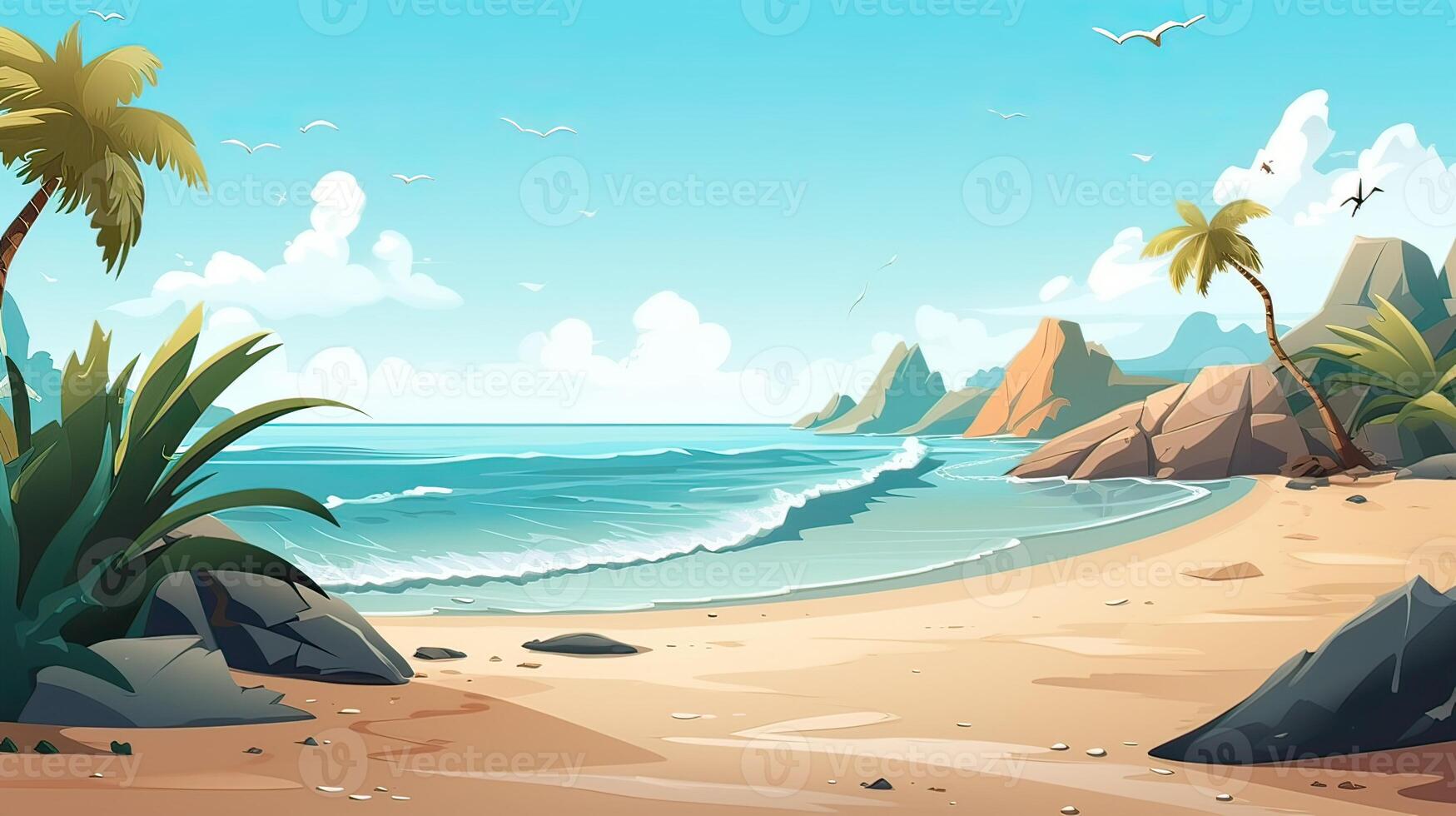 Himmel und Sonne beim Meer Hintergrund, Ozean und Strand Vektor Insel Landschaft leeren Karikatur. Ozean oder Meer Wasser mit Wellen und Wolken im Himmel Sommer- Blau Seelandschaft mit wolkig Himmel und Strand. generativ ai foto