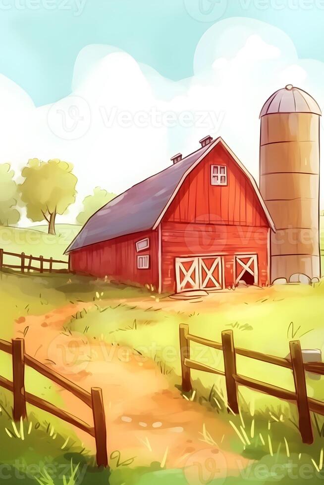 generativ ai Inhalt, rot Bauernhof Haus Scheune. Aquarell Illustration Landschaft Weiß isoliert Hintergrund foto