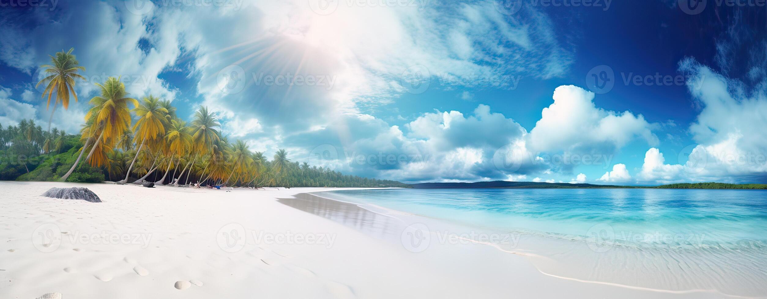 Himmel und Sonne beim Meer Hintergrund, Ozean und Strand Vektor Insel Landschaft leeren Karikatur. Ozean oder Meer Wasser mit Wellen und Wolken im Himmel Sommer- Blau Seelandschaft mit wolkig Himmel und Strand. generativ ai foto