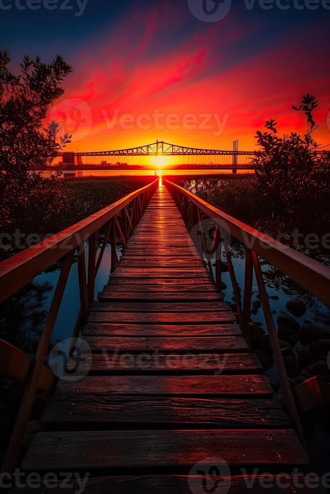 hölzern Planke Gehweg führen zu ein schön Sonnenuntergang auf das See. generativ ai. foto