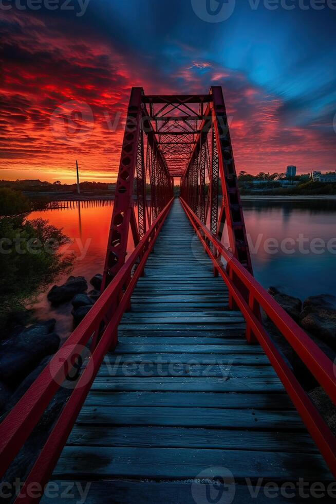 hölzern Planke Gehweg führen zu ein schön Sonnenuntergang auf das See. generativ ai. foto