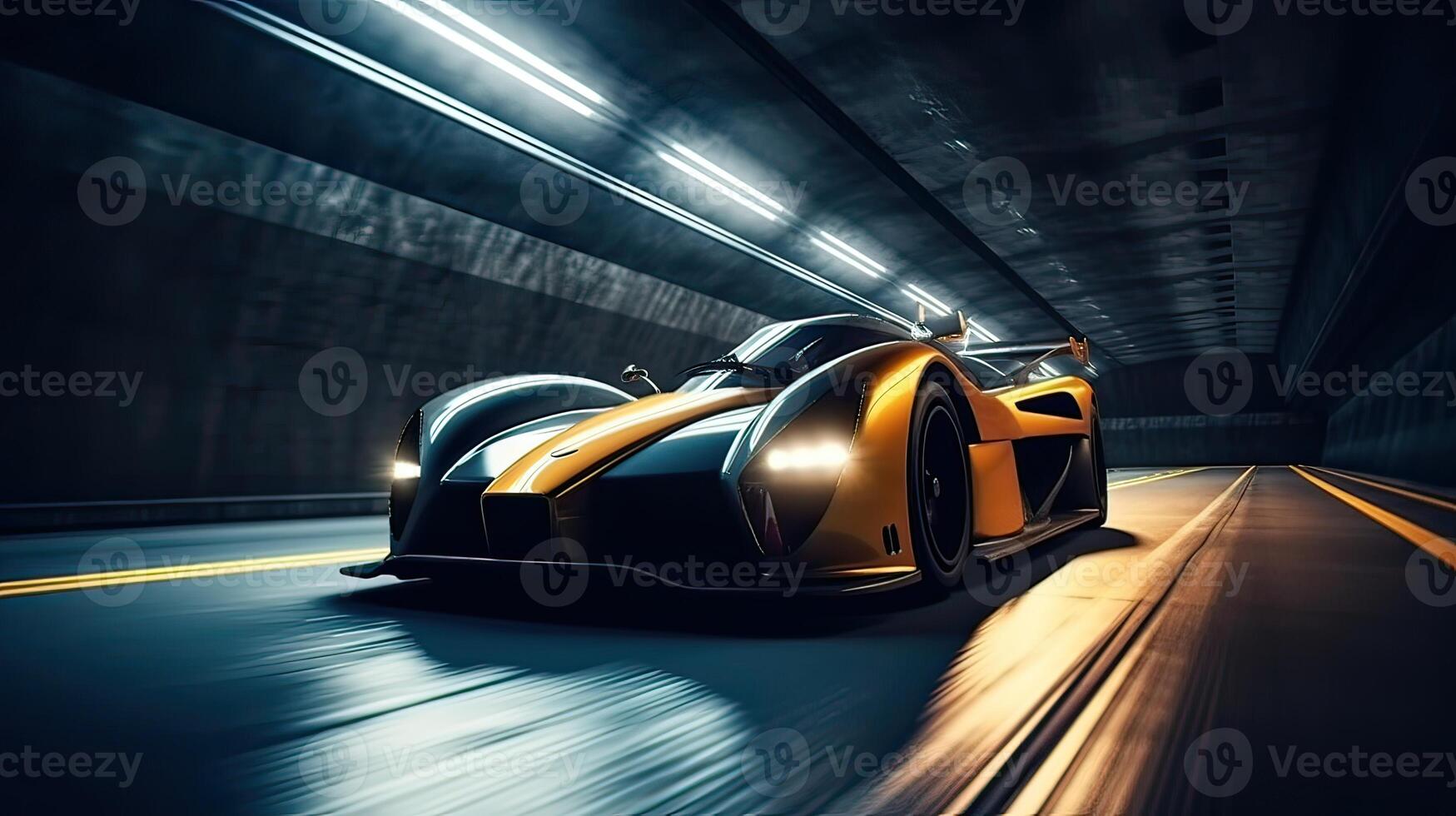 futuristisch Sport Auto auf Autobahn. mächtig Beschleunigung von ein Supersportwagen auf ein Nacht Spur mit Beleuchtung und Wanderwege. 3d Illustration. generativ ai. foto