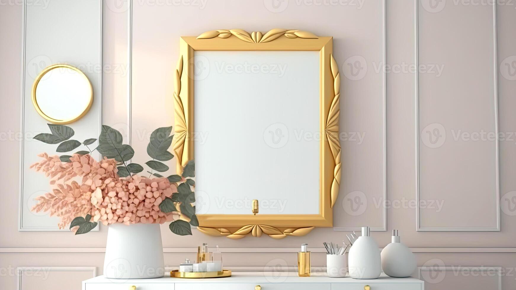 golden rahmen, Spiegel gegen Innere Mauer Verkleidung und Pflanze Topf, andere Objekte auf Schreibtisch. generativ ai. foto
