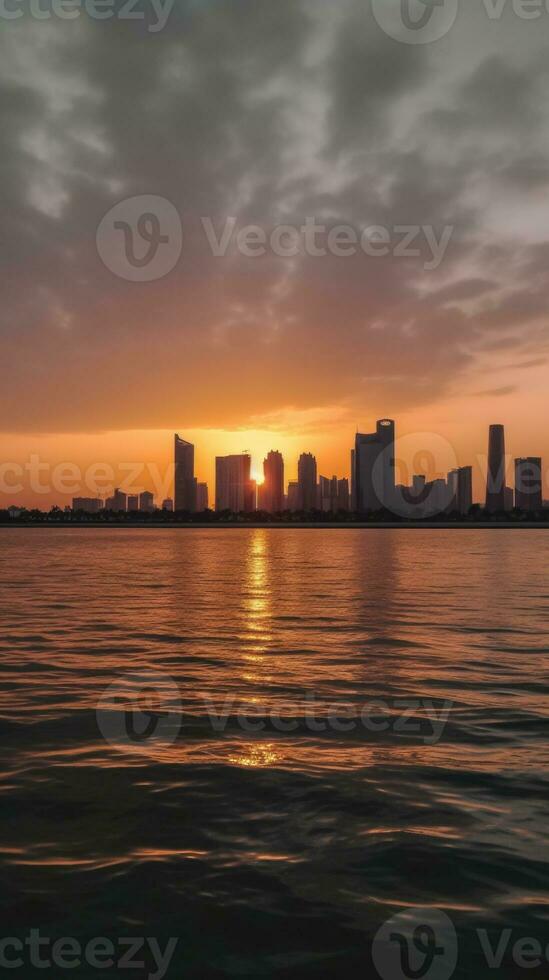 abu Dhabi Horizont Gebäude im Vorderseite von Meer während Sonnenuntergang oder Sonnenaufgang, tolle Tourist Ziel. generativ ai Technologie. foto