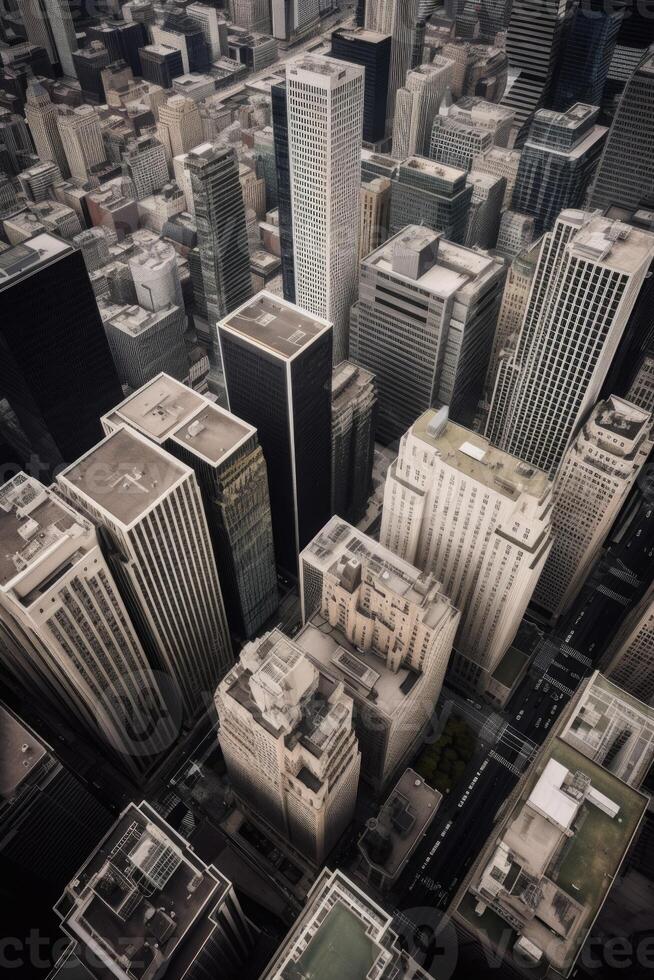 Antenne Aussicht von modern Wolkenkratzer und Büro Gebäude im finanziell Bezirk, generativ ai Technologie. foto