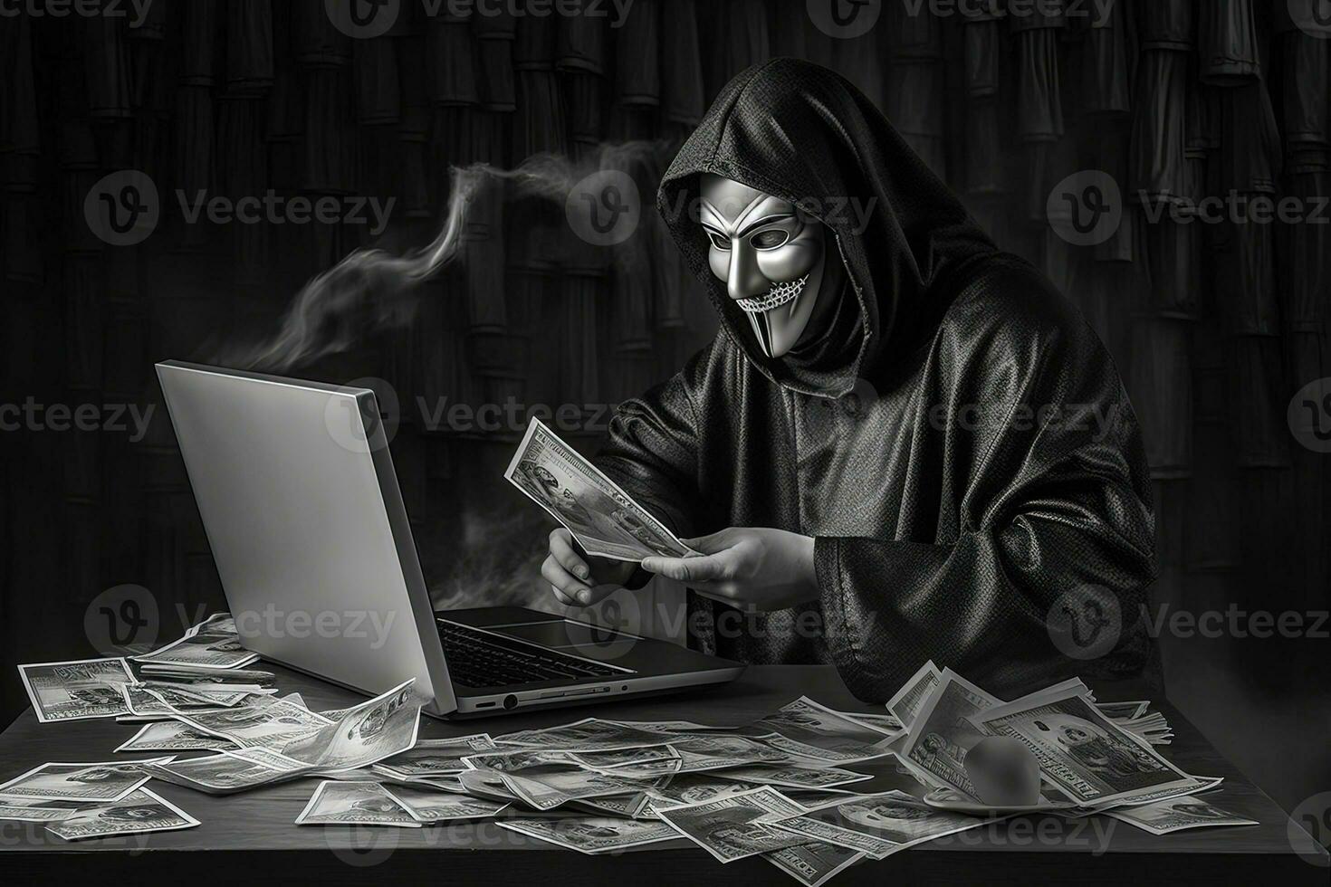 schwarz und Weiß Fotografie von anonym Hacker halten uralt Papier Währung und Laptop auf Tisch. generativ ai Technologie. foto